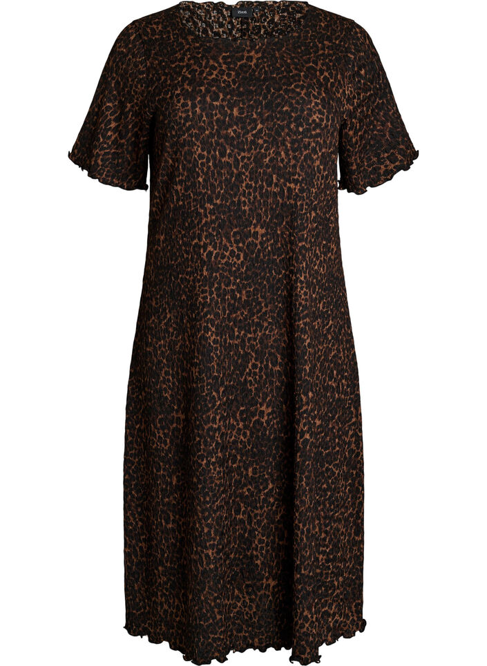 Textured midi dress with short sleeves, Brown, Packshot image number 0
