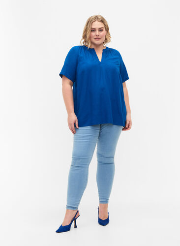 Short-sleeved viscose blouse with v-neck, Princess Blue, Model image number 2