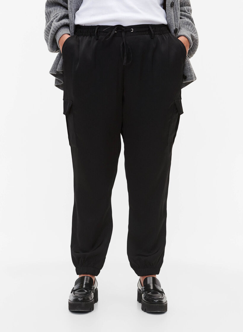Satin Cargo Pants, Black, Model image number 2