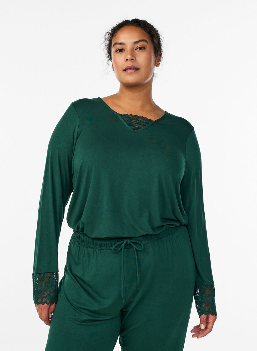 Long-sleeved pyjama top with lace details, Green, Model image number 0