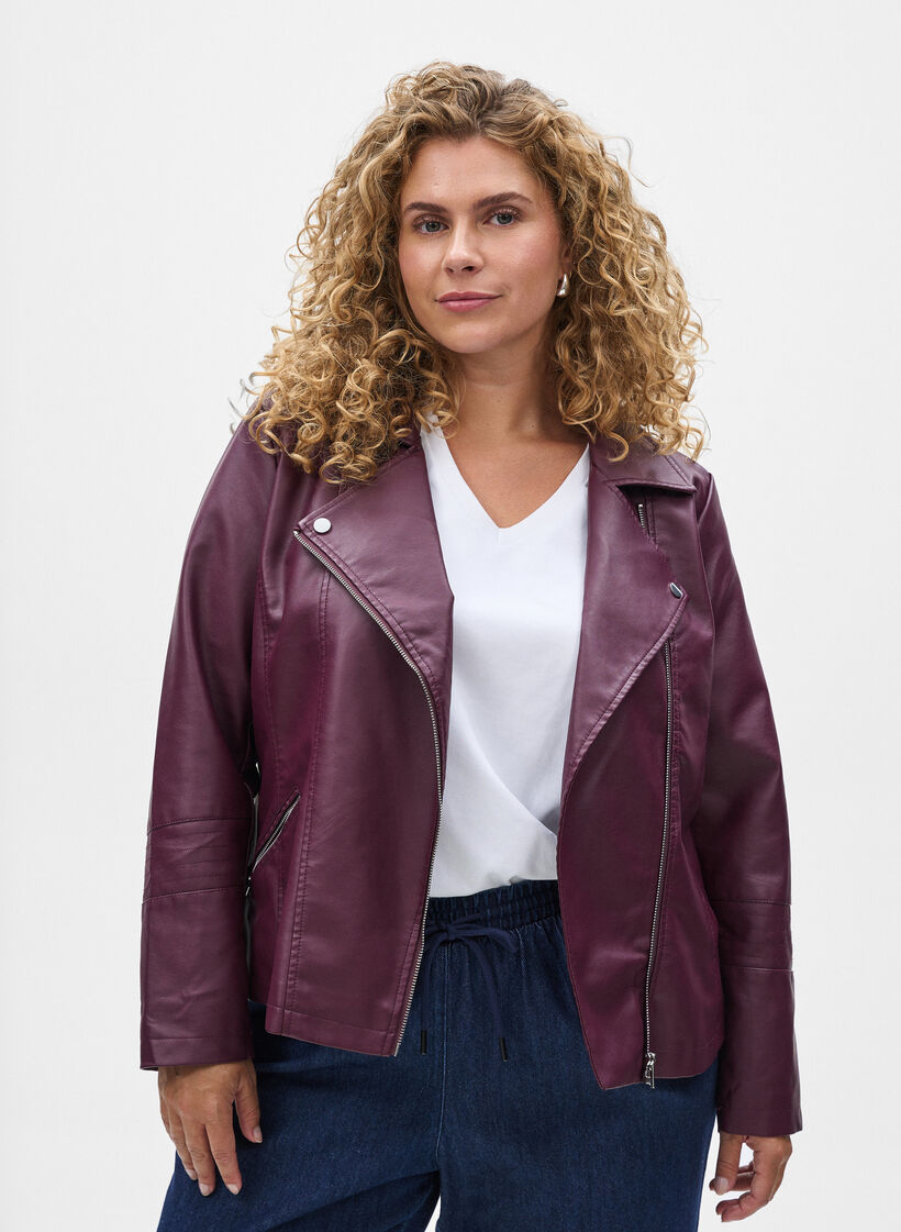 Biker jacket in faux leather, Dark Bordeaux, Model image number 0