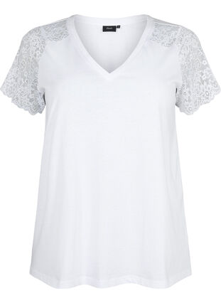 Cotton t-shirt with short lace sleeves, Bright White, Packshot image number 0