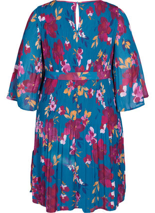 Printed pleated dress with waist tie, Blue Coral Flower, Packshot image number 1