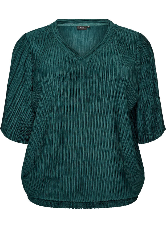 Blouse with wavy texture and balloon shape, Green, Packshot image number 0