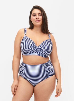 High-waisted striped bikini bottoms, Blue Striped, Model image number 0