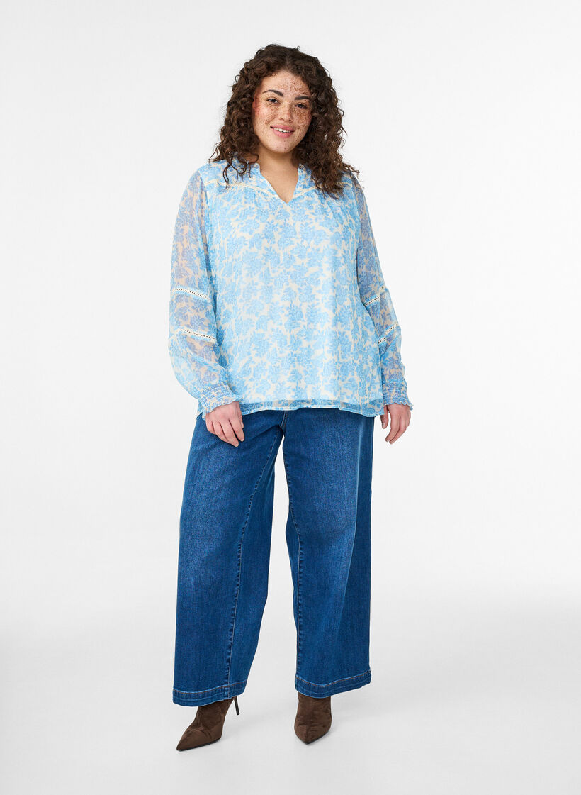 Chiffon blouse with floral print and crochet trim, Light Blue, Model image number 1