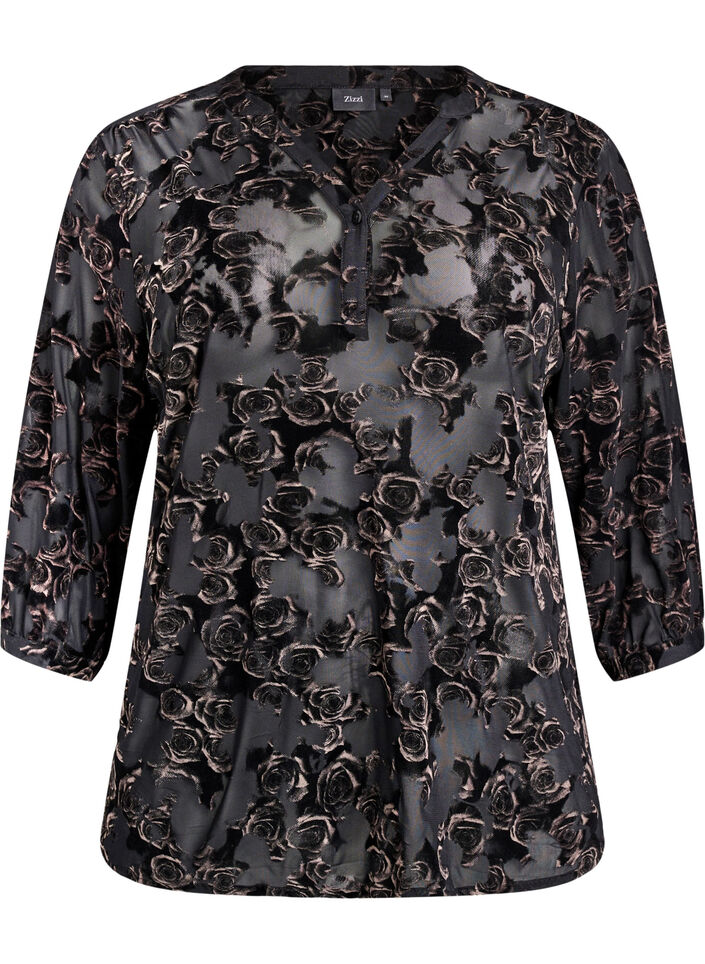 Mesh blouse with velour roses and 3/4 sleeves, Black, Packshot image number 0
