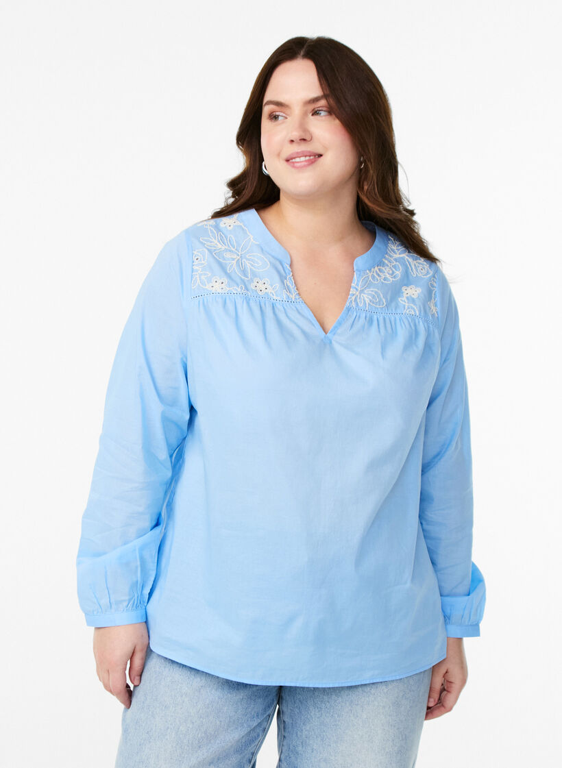 Blouse with embroidery details, Light Blue, Model image number 0