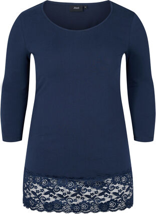 3/4-sleeved cotton blouse with lace, Navy Blazer, Packshot image number 0