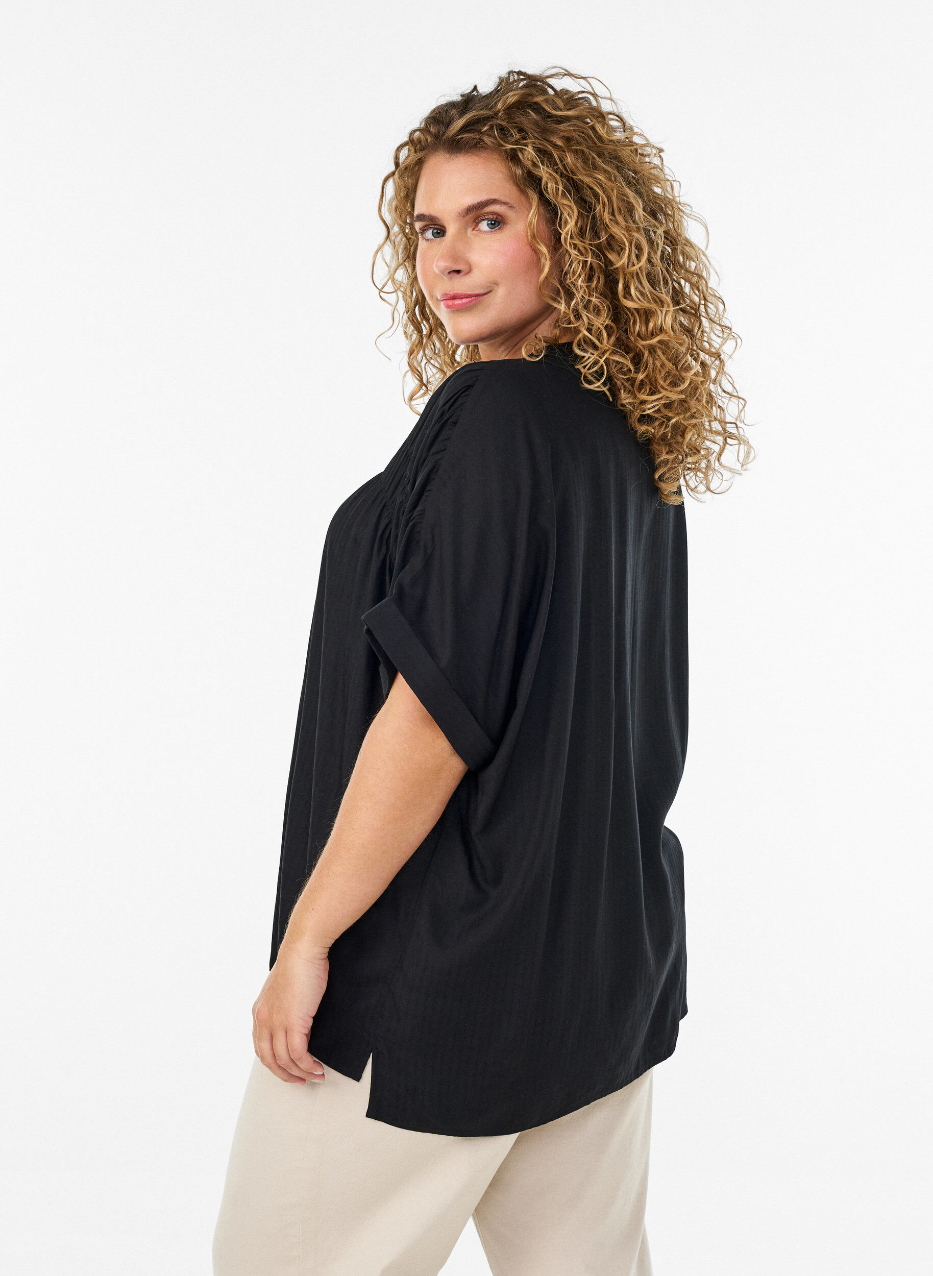 ZizzifashionViscose shirt with short sleeves and ruched detail, Black, Model image number 1