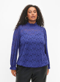 Long-sleeved lace blouse with smock, Deep Ultramarine, Model