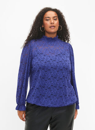 Long-sleeved lace blouse with smock, Deep Ultramarine, Model image number 0