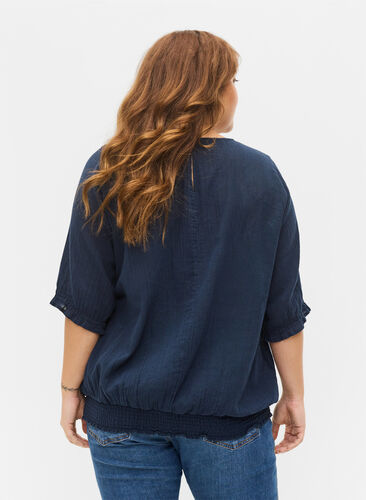 Short-sleeved cotton blouse with smock, Navy Blazer, Model image number 1