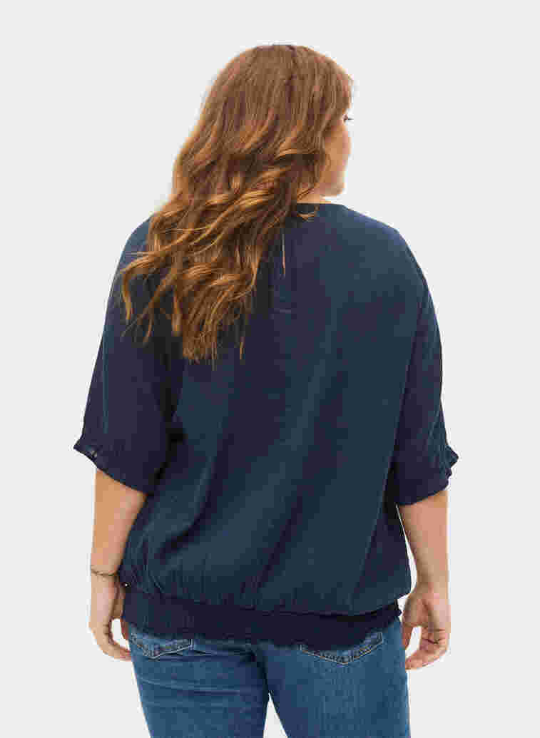 Short-sleeved cotton blouse with smock, Navy Blazer, Model image number 1