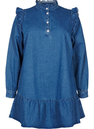 color me pretty ruffle sleeve denim dress Button-Front Ruffle Sleeve Denim Midi Dress Blue / L