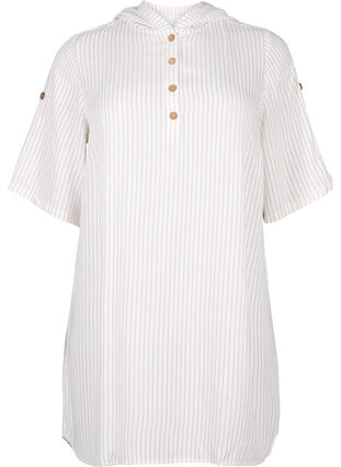 Short-sleeved viscose tunic with hood, White Natural Stripe, Packshot image number 0