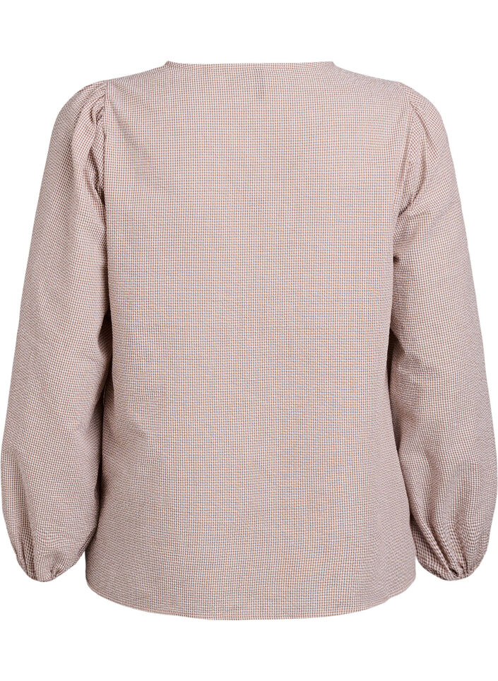 Blouse with v-neck and small checks, Beige, Packshot image number 1