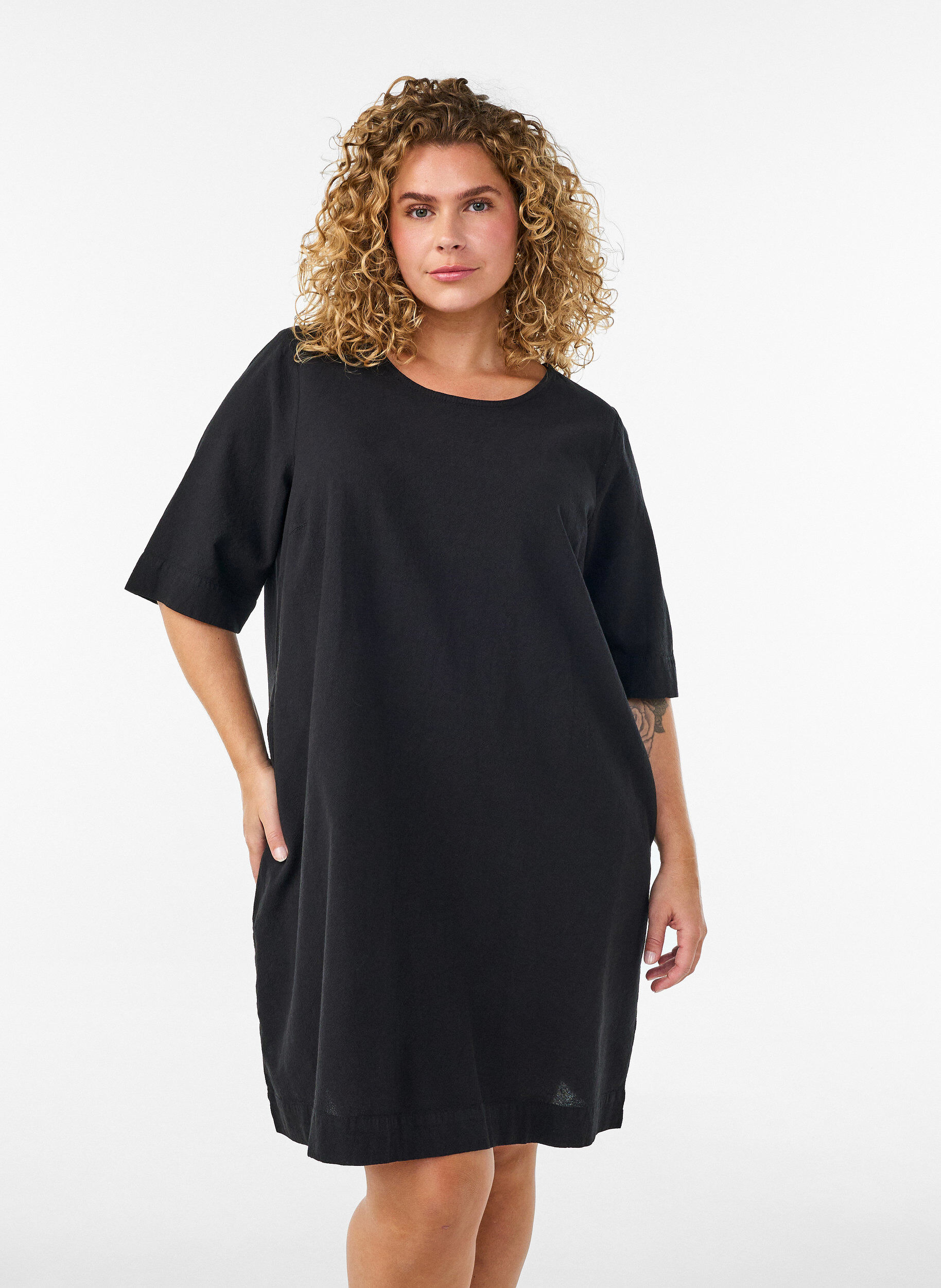 ZizzifashionCotton dress with short sleeves and pockets, Black, Model image number 0