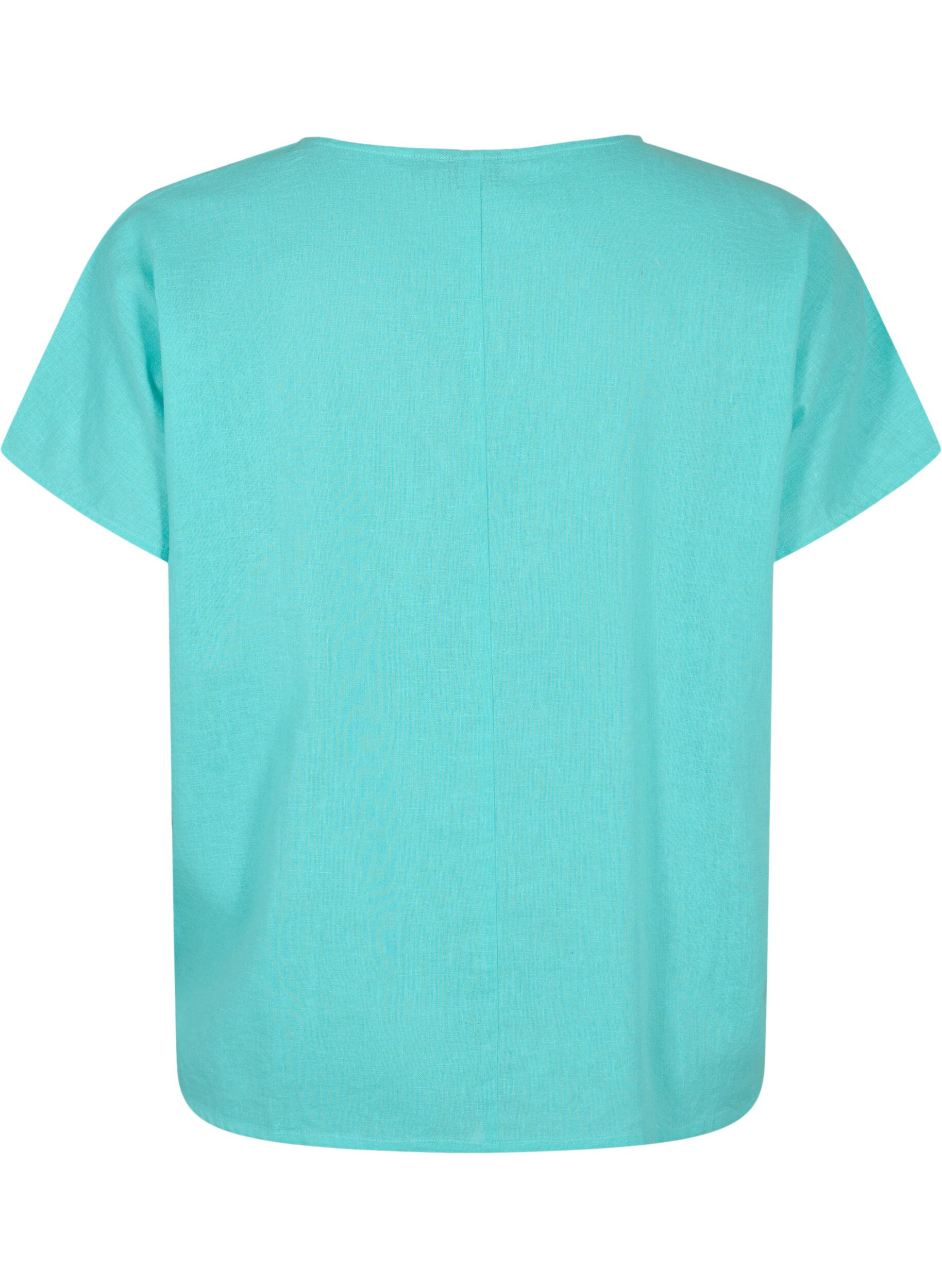 Zizzifashion Short-sleeved blouse in cotton blend with linen, Turquoise, Packshot image number 1