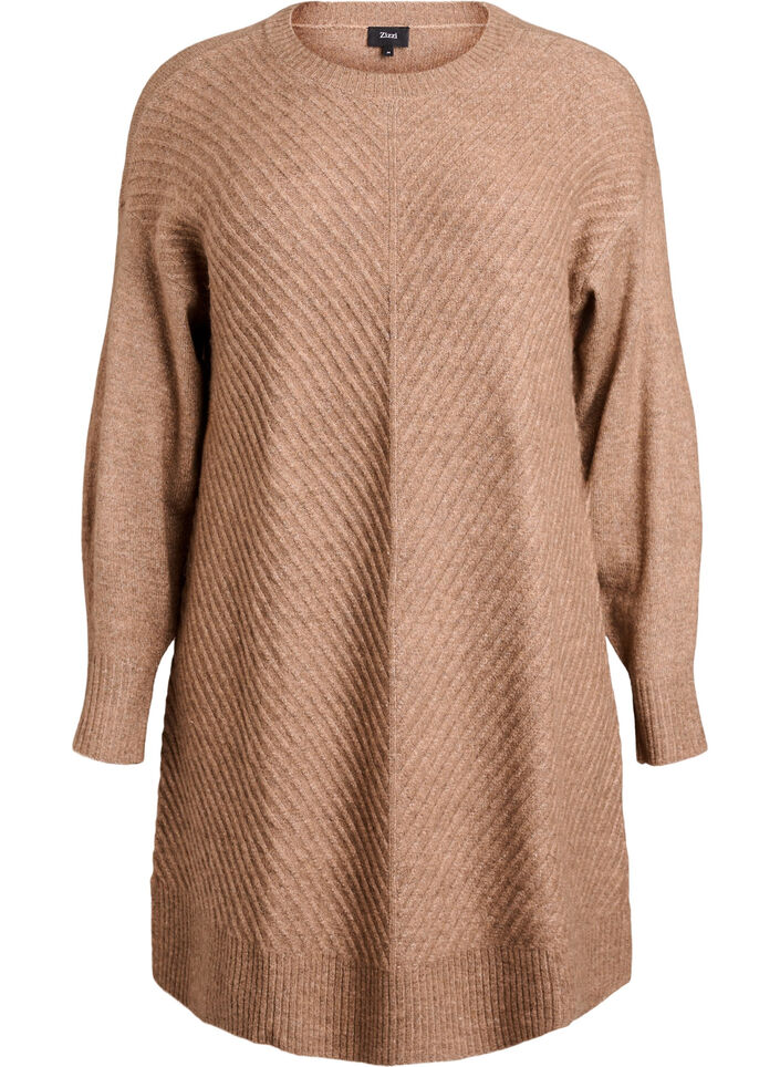 Short knitted dress with a V-shaped textured pattern, Brown, Packshot image number 0