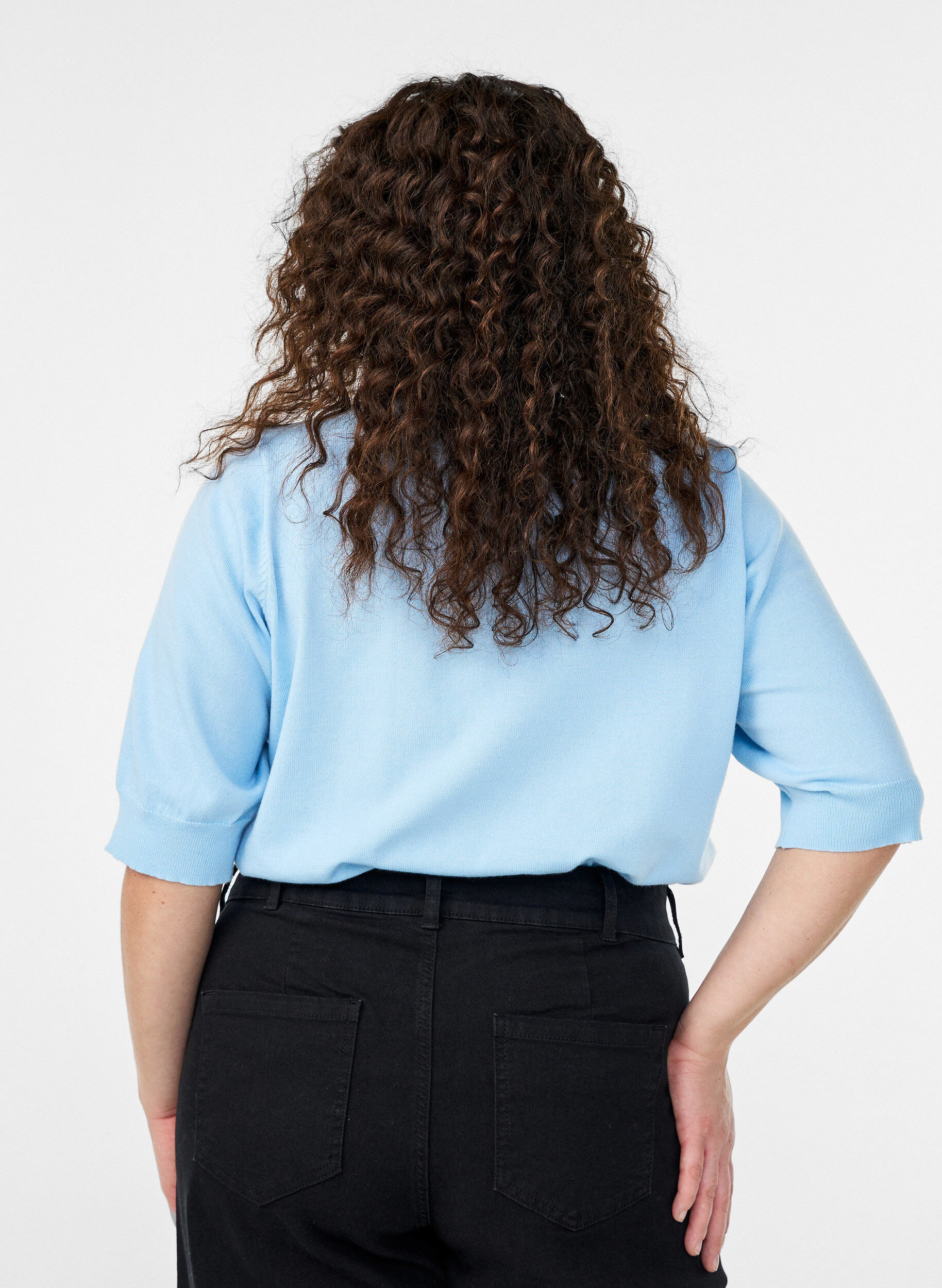 ZizzifashionFine-knit blouse with short sleeves, Light Blue, Model image number 2