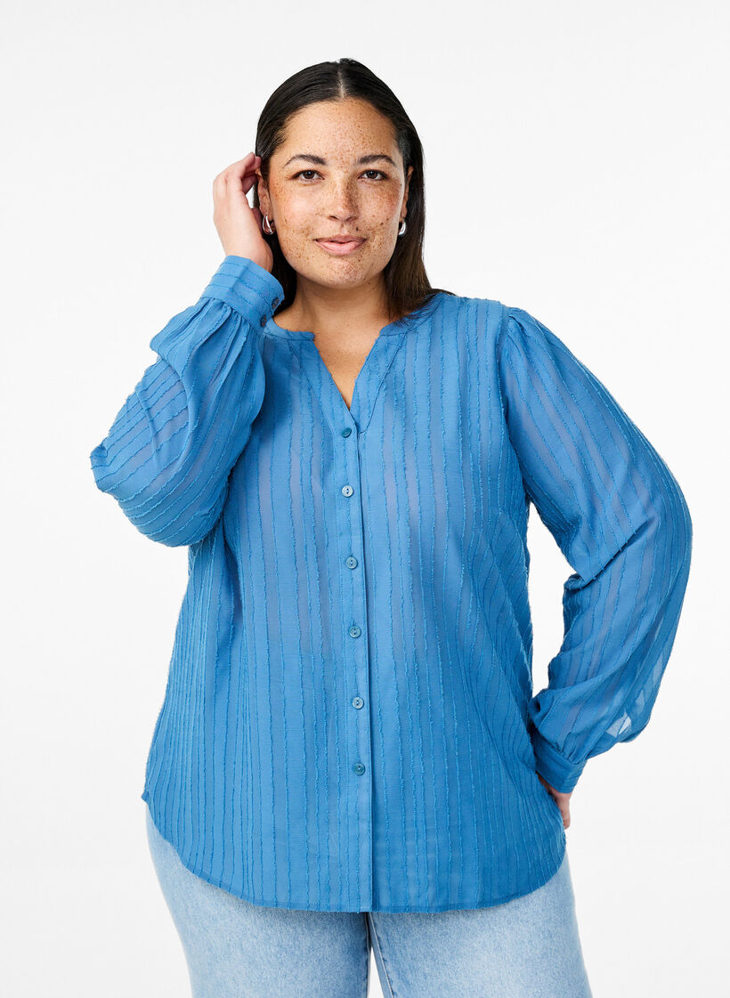 Striped shirt blouse with sheer stripes, Blue, Model image number 0