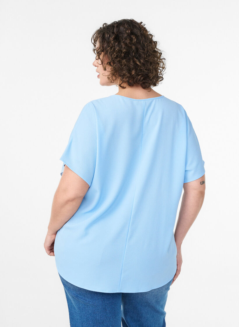 Blouse with short sleeves and a round neckline, Blue, Model image number 2