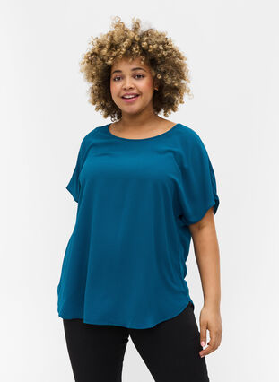 Blouse with short sleeves and a round neckline, Moroccan Blue, Model image number 0