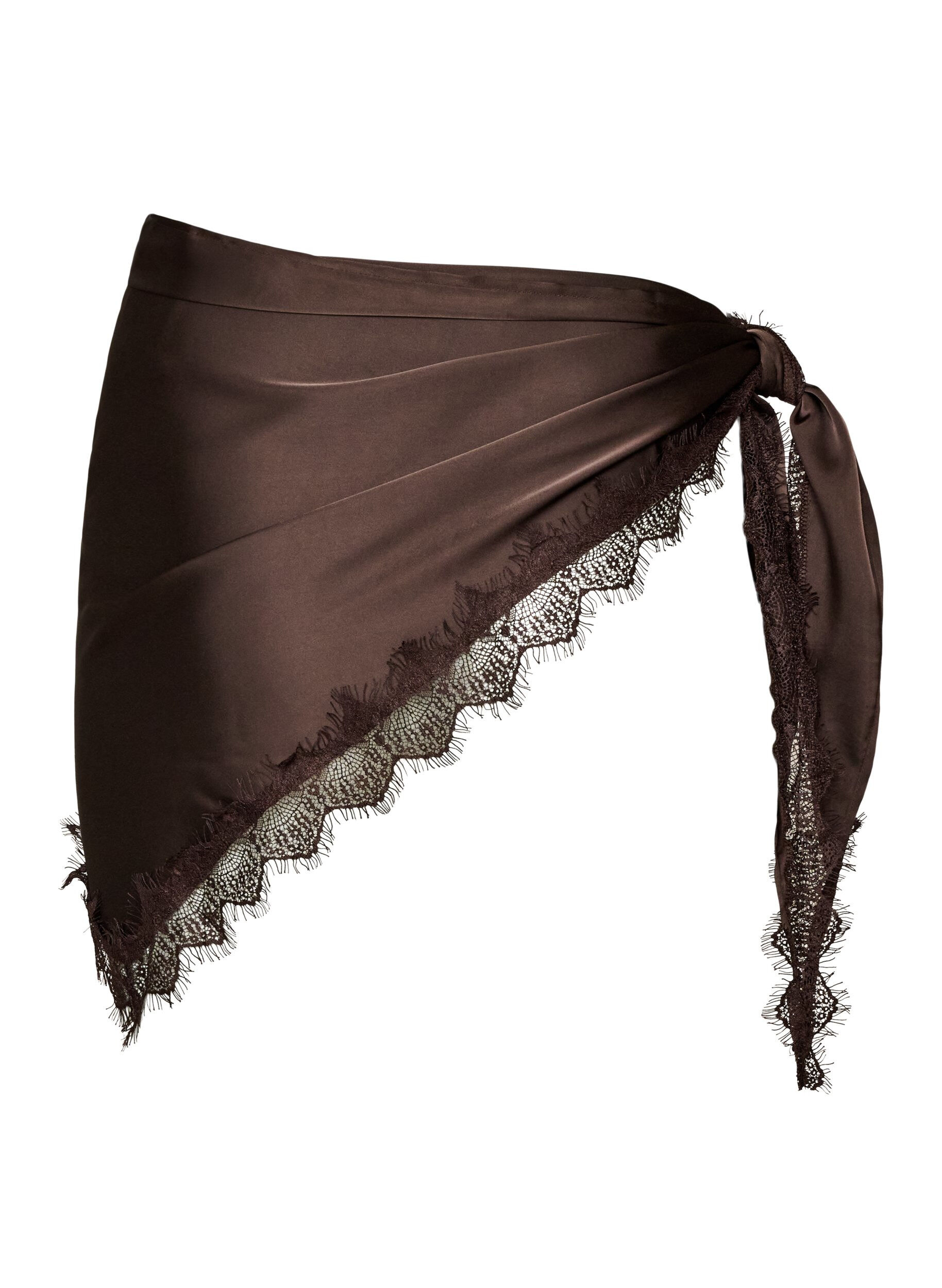 ZizzifashionSatin scarf with lace hem, Brown, Packshot image number 1