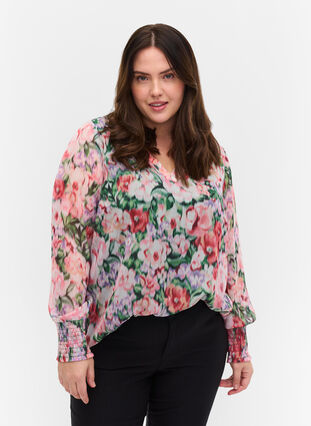 Floral blouse with long sleeves and smock, Flower AOP, Model image number 0