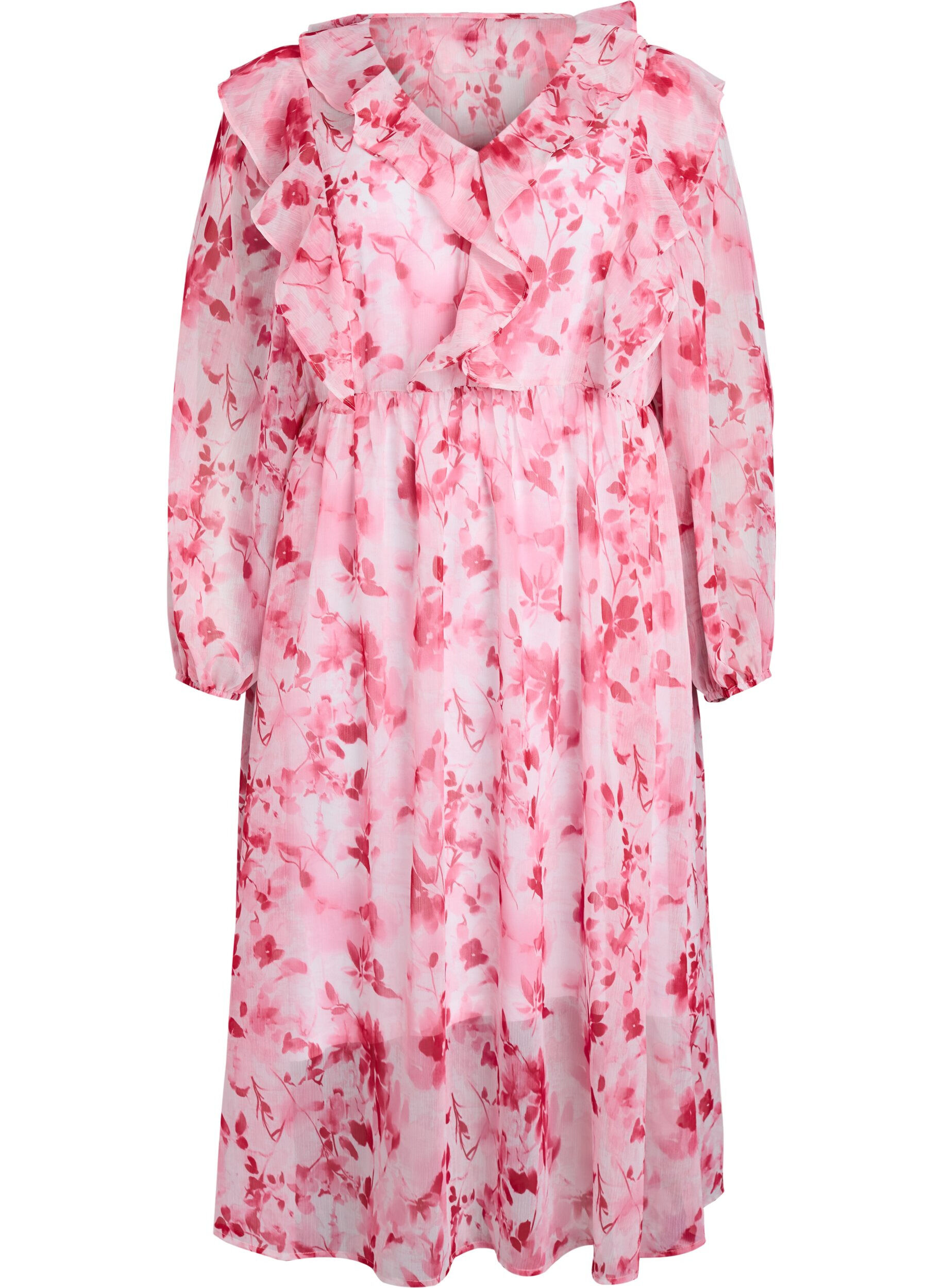 Floral chiffon dress with ruffles and long sleeves