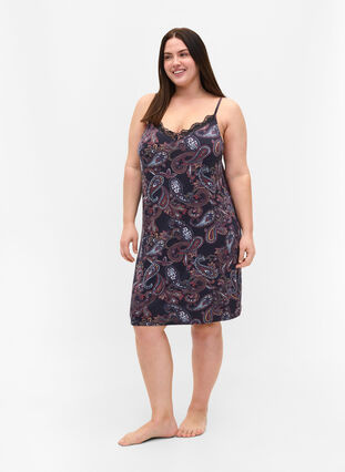 Printed viscose night dress with lace detail, PAISLEY PRINT, Model image number 2