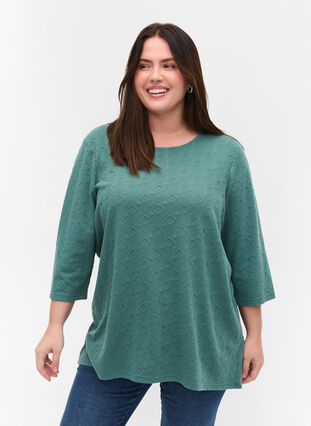 Long blouse with crew neck and 3/4 sleeves, Sagebrush Green, Model image number 0