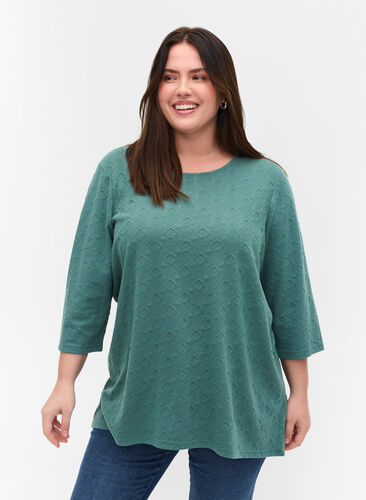 Long blouse with crew neck and 3/4 sleeves, Sagebrush Green, Model image number 0