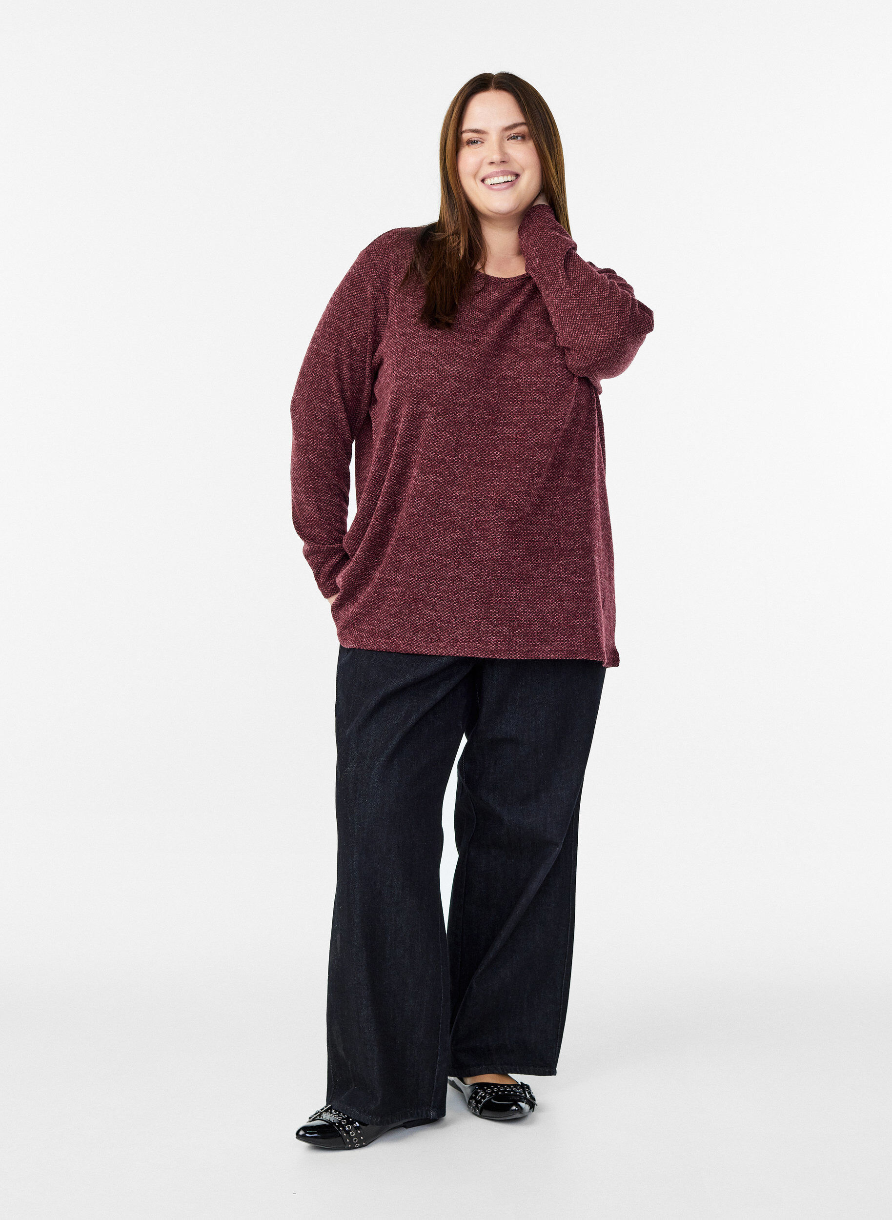 ZizzifashionLong-sleeved blouse with texture, Dark Bordeaux, Model image number 1