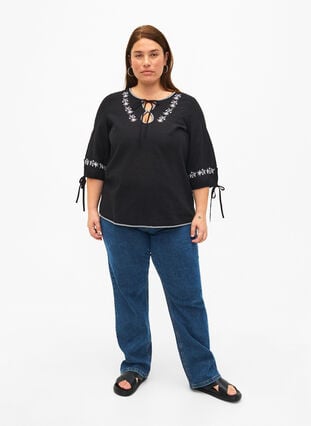 Embroidered blouse in cotton blend with linen, Black W. EMB, Model image number 2