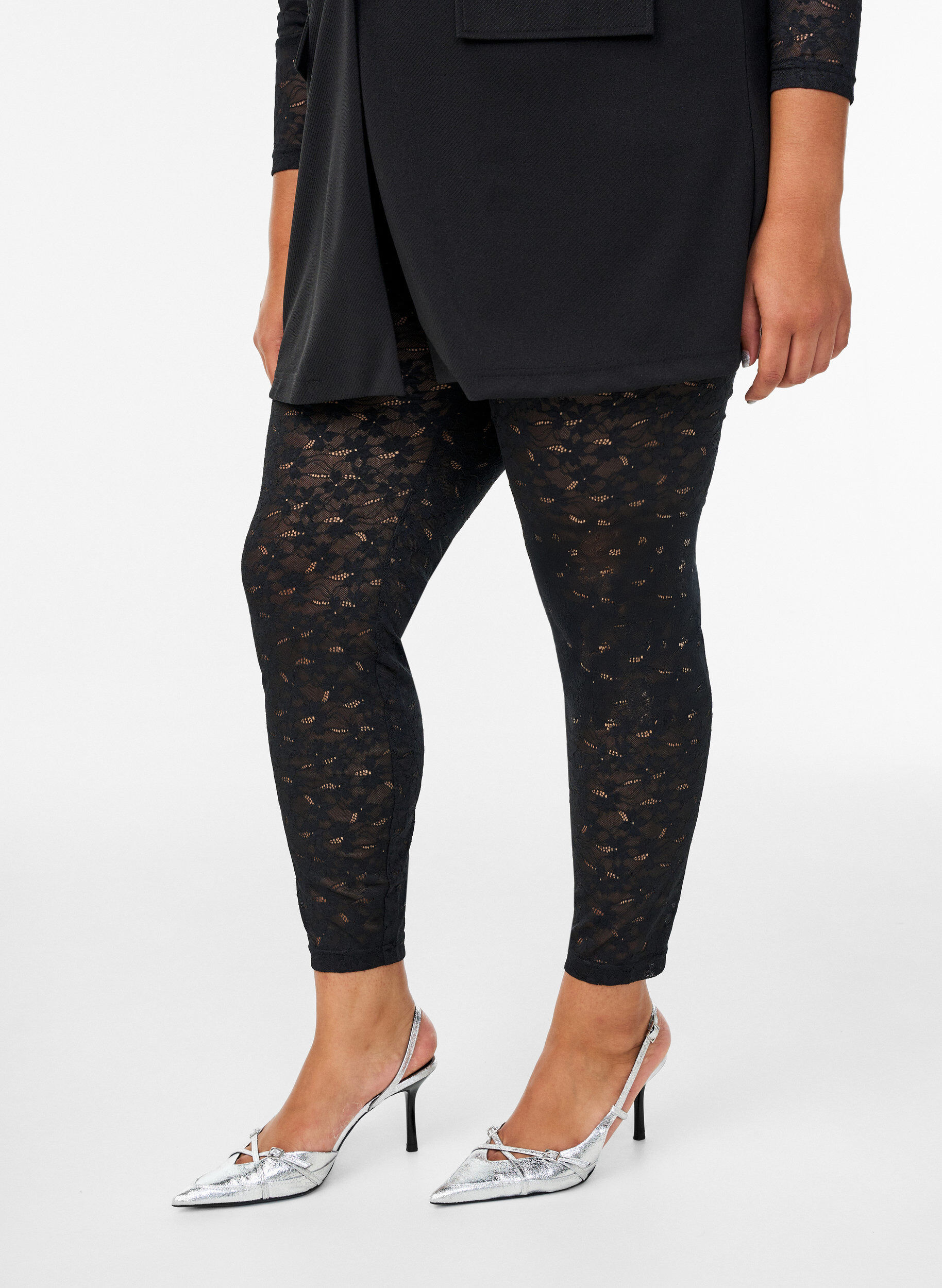 Zizzifashion Lace leggings with a high waist, Black, Model image number 2