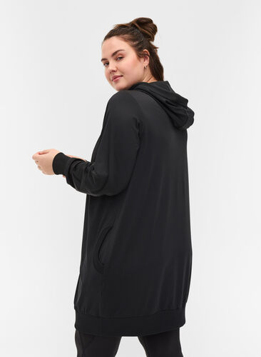 Long hooded sports cardigan with pockets, Black, Model image number 1