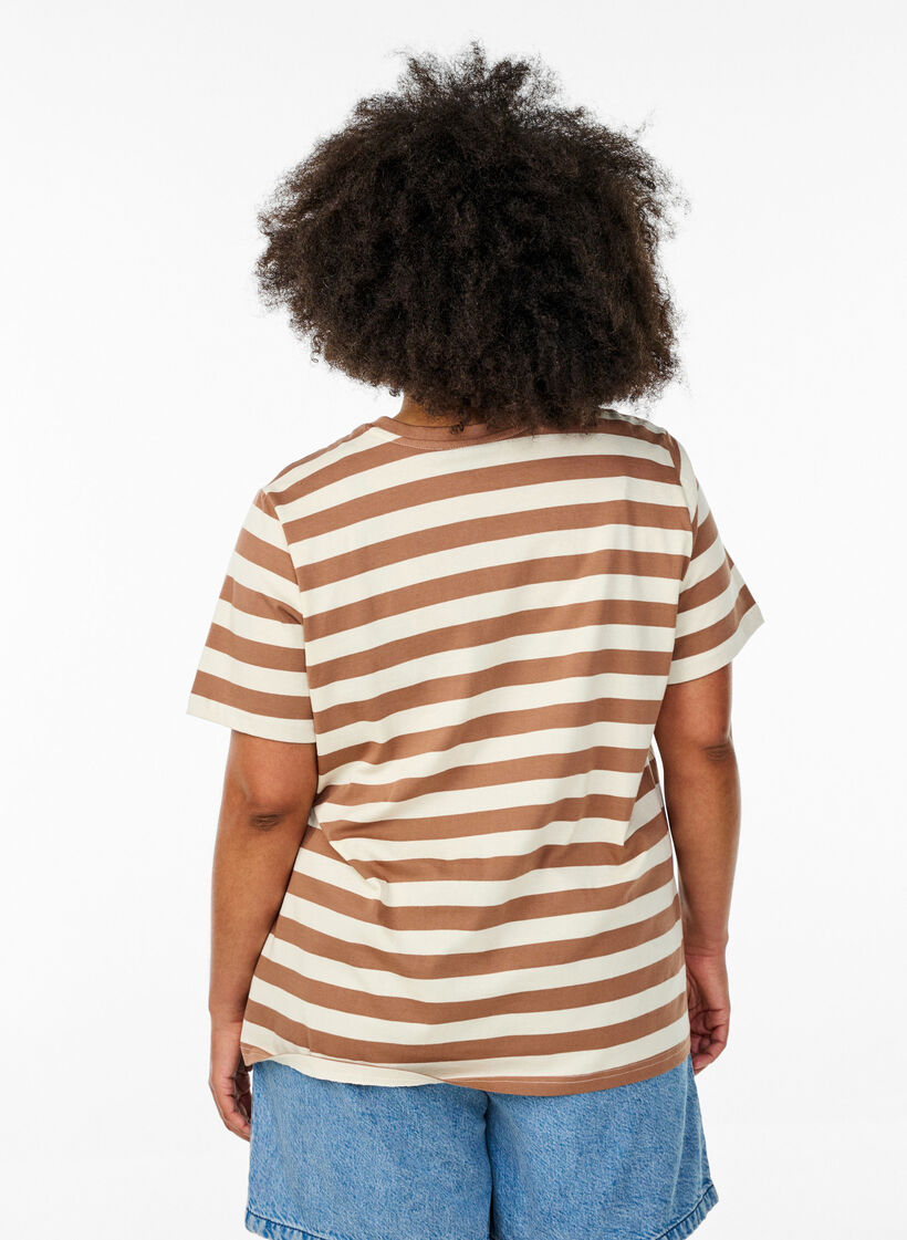 Organic cotton T-shirt with stripes and text, Brown, Model image number 2