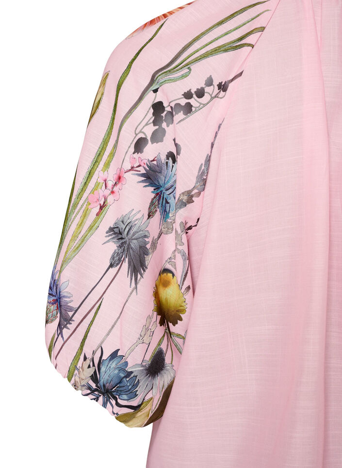 Blouse with tie detail and floral print sleeves, Pink, Packshot