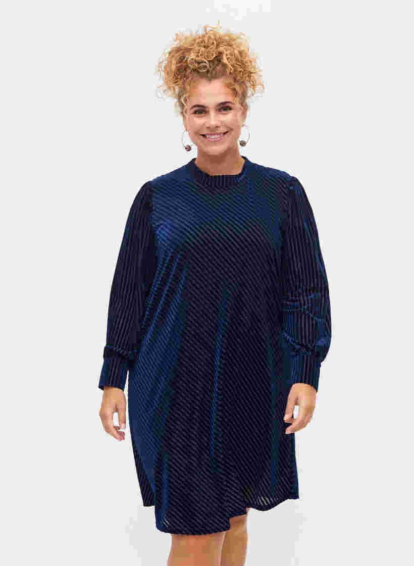 Textured dress in velour, Evening Blue, Model image number 0