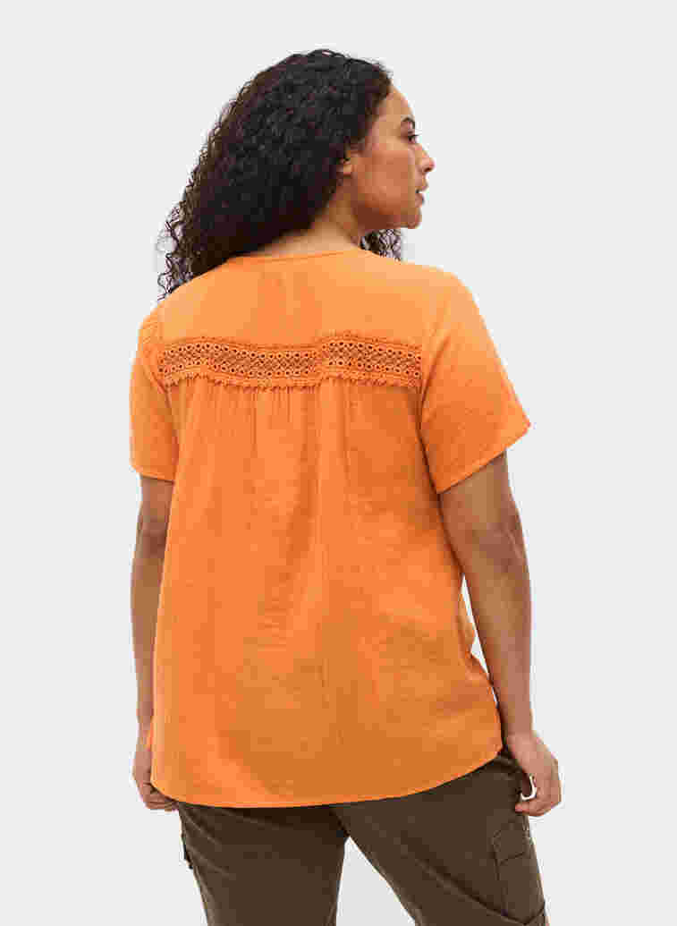 Short-sleeved cotton blouse with lace, Amberglow, Model image number 1