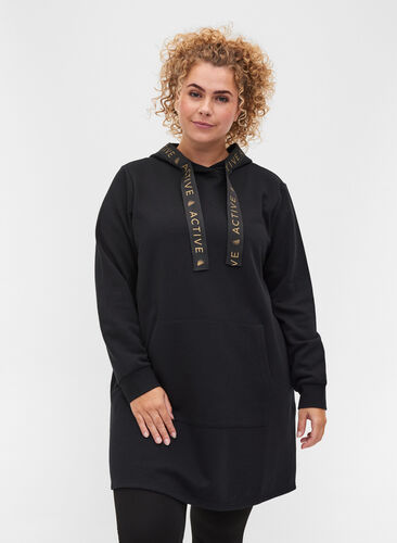 Sweat dress with a hood and pocket, Black, Model image number 0