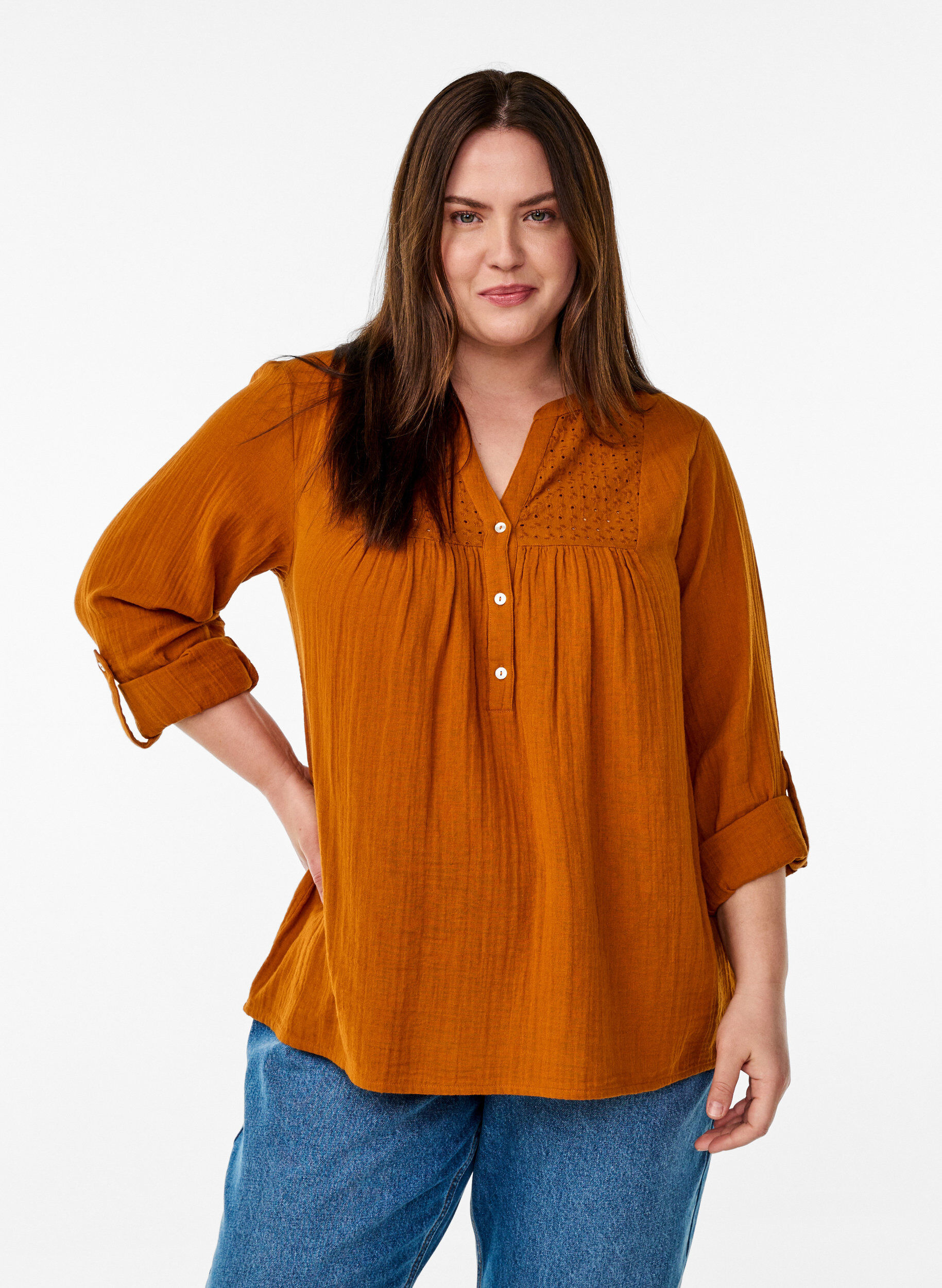 ZizzifashionBlouse in cotton muslin with broderie anglaise, Orange, Model image number 0