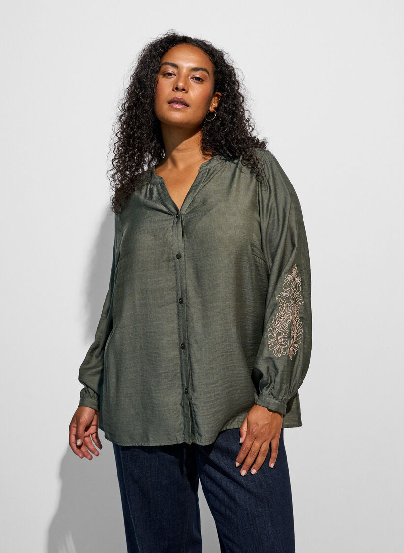 Viscose shirt with embroidered sleeves, Green, Model image number 0