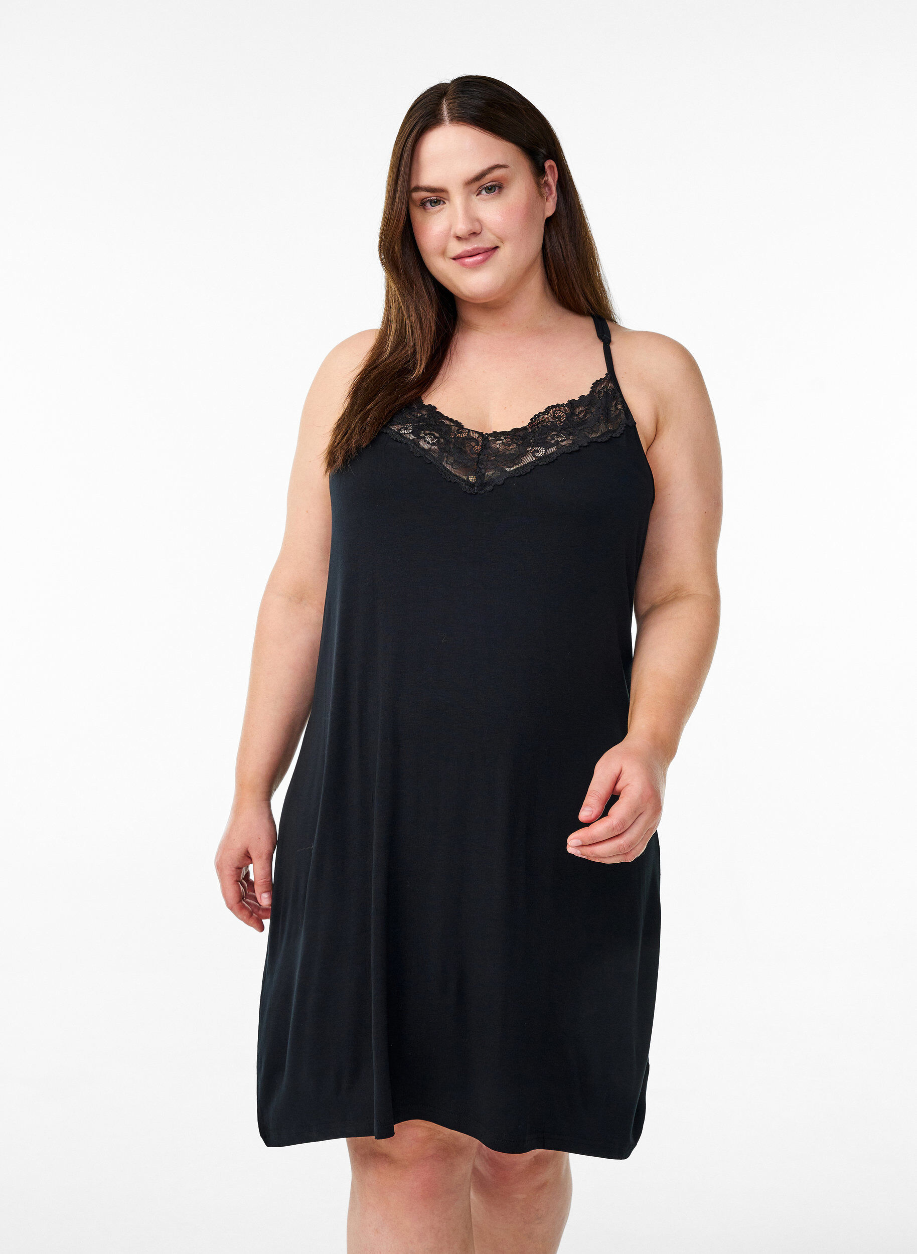 Zizzifashion Sleeveless viscose nightgown with lace details, Black, Model image number 0