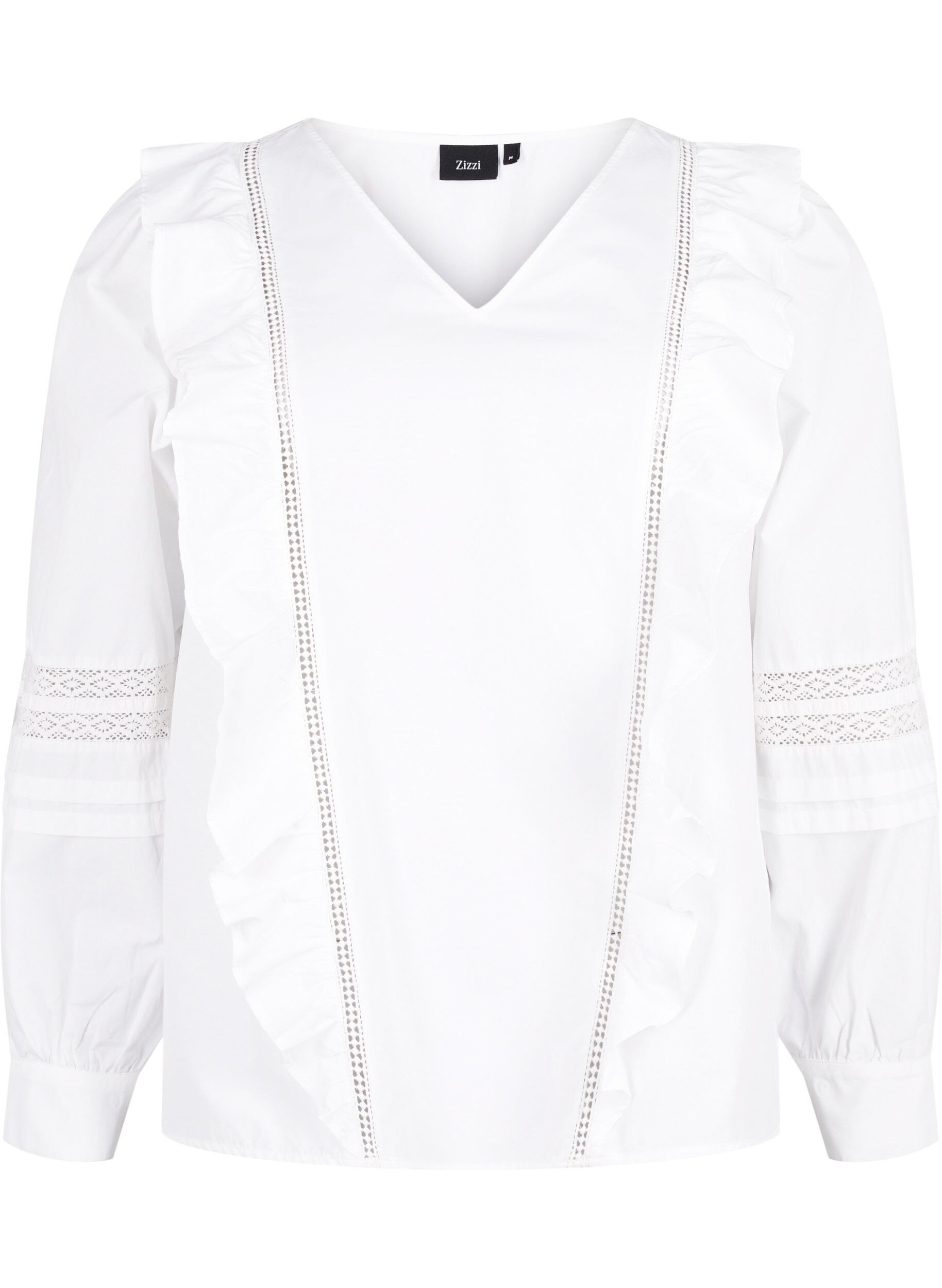 Zizzifashion Blouse with ruffles and lace trim, White, Packshot image number 0