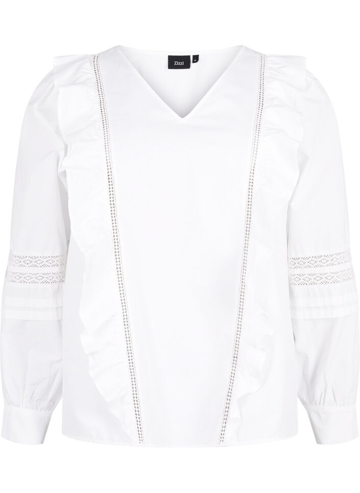 Blouse with ruffles and lace trim, White, Packshot image number 0