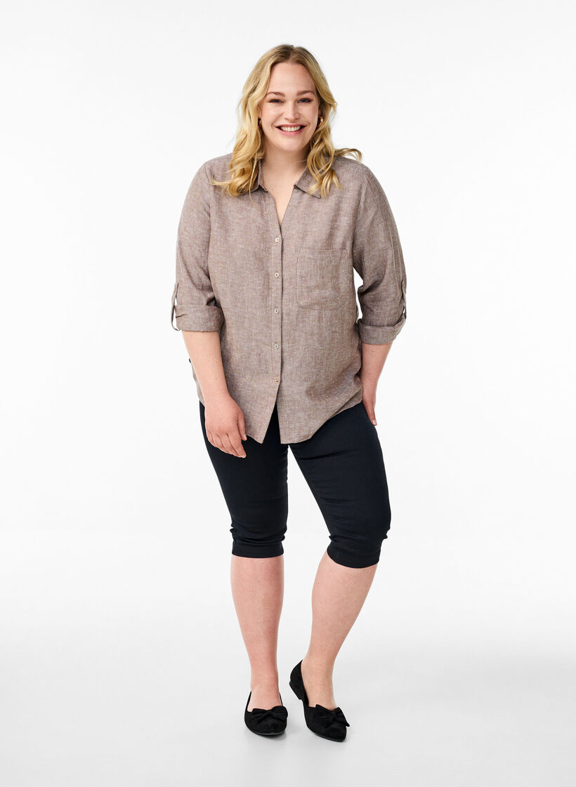 Shirt in linen and viscose with 3/4 sleeves, Brown, Model image number 1