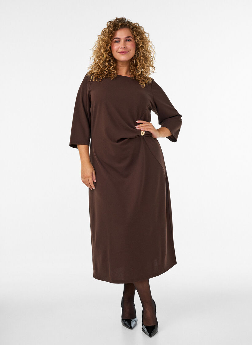 Jersey dress with draping and decorative buckle, Brown, Model image number 0